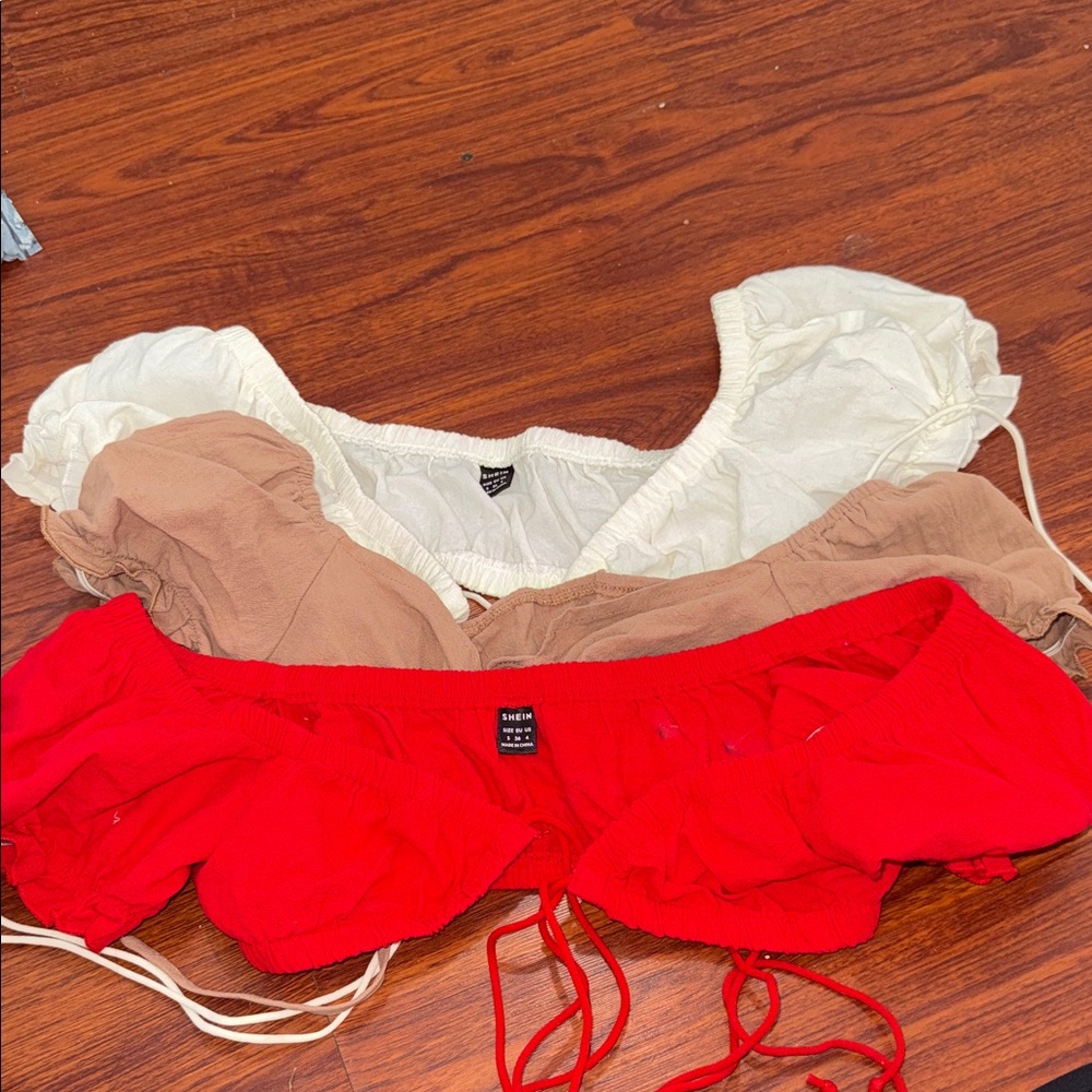 SHEIN Three-Pack Off-Shoulder Crop Tops in Red, Cream & Taupe